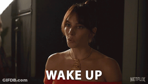 Woman In Red Dress Saying Wake Up Netflix Ad GIF