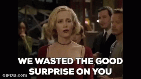 Woman In Red Dress Saying We Wasted The Good Surprise On You GIF