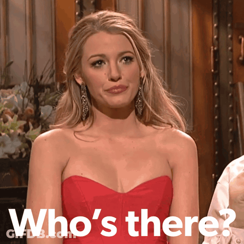 Woman In Red Dress Saying Who's There GIF