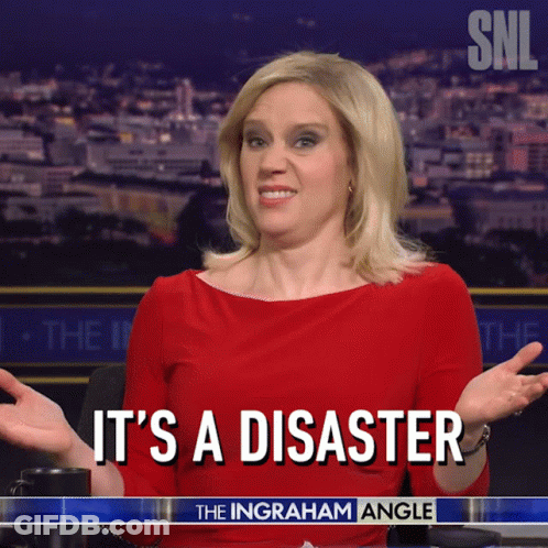 Woman In Red Dress Says It's A Disaster SNL GIF