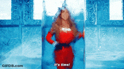 Woman In Red Dress Says It's Time In Blue Room GIF