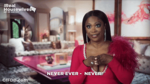 Woman In Red Dress Says Never Ever GIF