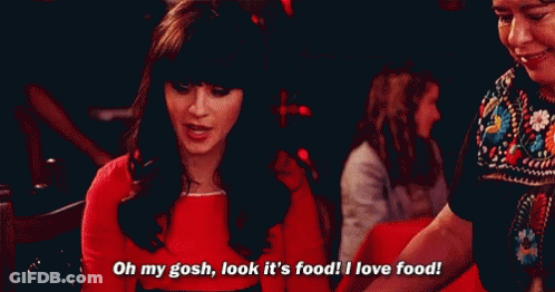Woman In Red Dress Says Oh My Gosh Look It's Food I Love Food GIF