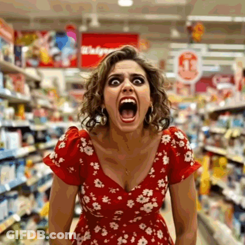 Woman In Red Dress Screaming At Walgreens GIF