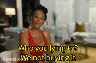 Woman In Red Dress Sitting Saying Who You Lying To We Not Buying It GIF