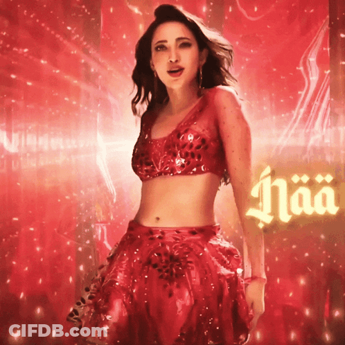 Woman In Red Dress Standing In Front Of Haa Sign GIF