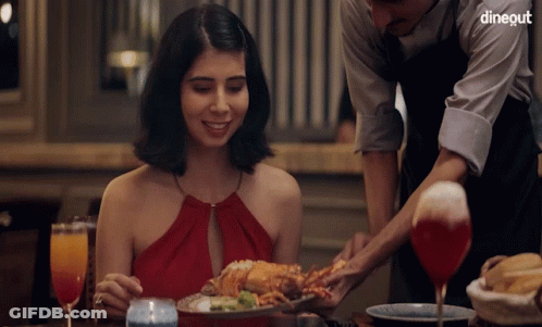 Woman In Red Dress Waiter Serving Food Dinegut GIF