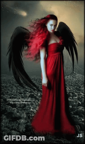 Woman In Red Dress With Black Wings And JS GIF