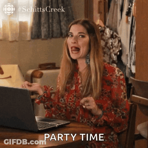Woman In Red Dress With Laptop Says Party Time GIF