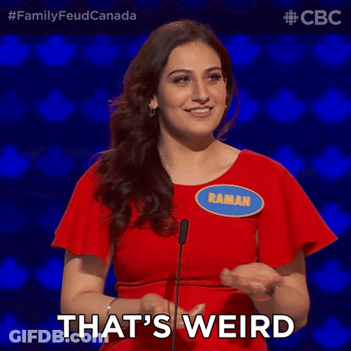 Woman In Red Dress With Raman Name Tag Says That's Weird GIF