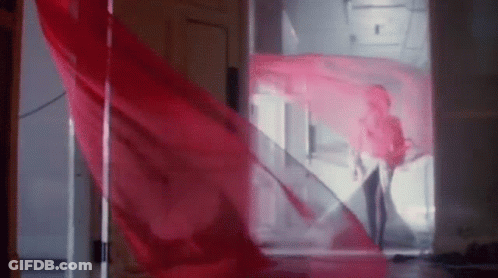 Woman In Red Dress With Red Cloth Blowing GIF