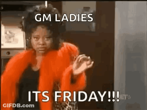 Woman In Red Fur Coat Saying GM Ladies Its Friday GIF