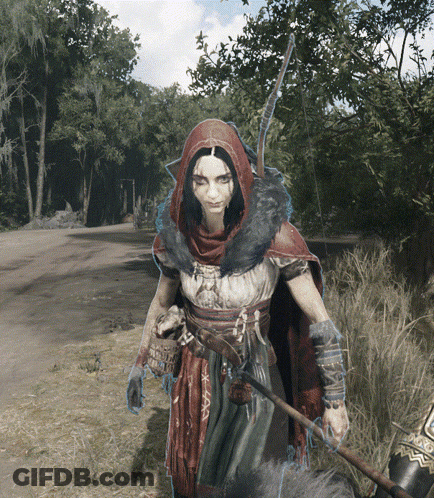 Woman In Red Hooded Cape Holding Sword GIF