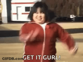 Woman In Red Jacket Dancing Saying Get It Curl GIF