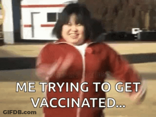 Woman In Red Jacket Dancing Saying Me Trying To Get Vaccinated GIF