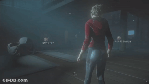 Woman In Red Jacket Saying Save Emily And Run Switching On Screen GIF