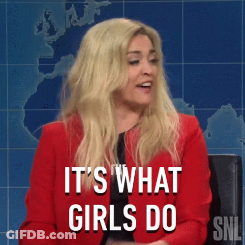 Woman In Red Jacket Says It's What Girls Do On SNL GIF