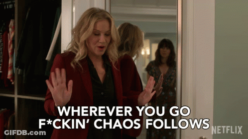 Woman In Red Jacket Says Wherever You Go F*cking Chaos Follows GIF