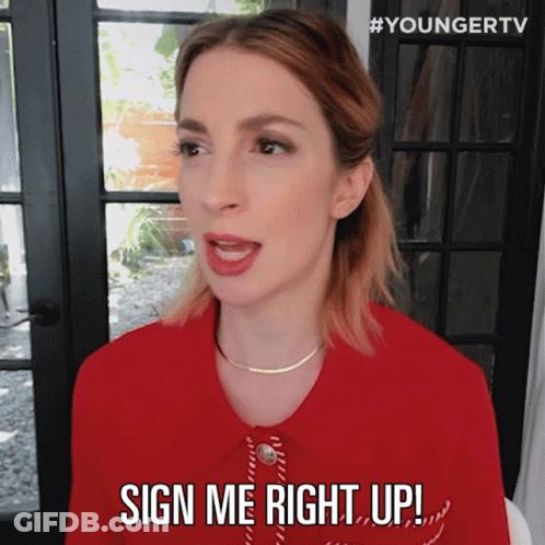 Woman In Red Jacket Sign Me Right Up GIF