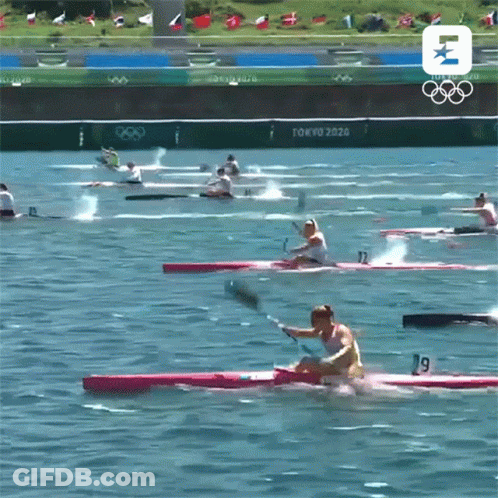 Woman In Red Kayak With Number 19 GIF
