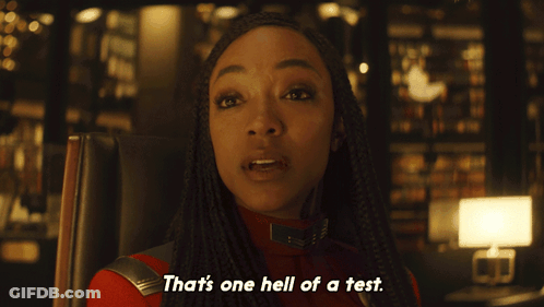 Woman In Red Outfit Says That's One Hell Of A Test GIF