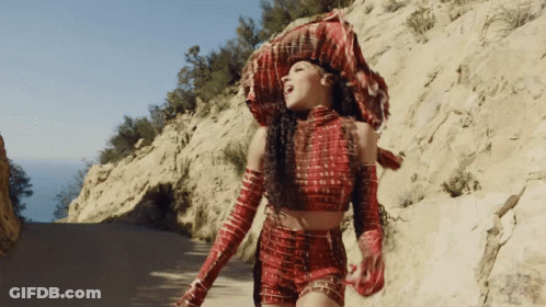 Woman In Red Outfit Standing On Road GIF