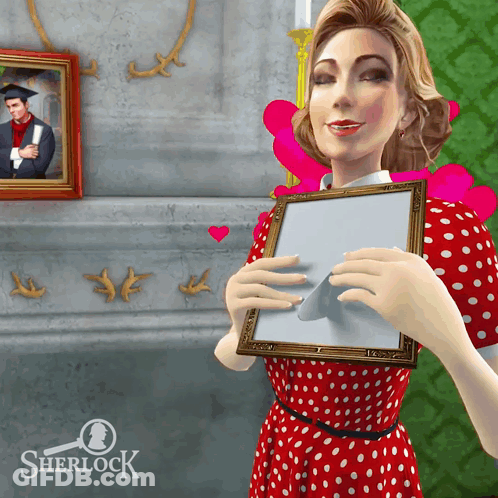 Woman In Red Polka Dot Dress Holding Sherlock Logo Frame GIF