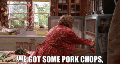 Woman In Red Robe Opening Refrigerator Saying We Got Some Pork Chops GIF