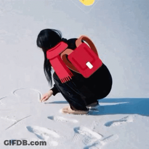 Woman In Red Scarf And Backpack Kneeling In Snow GIF