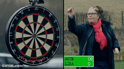Woman In Red Scarf Throwing Dart At Eclipse Pro Board GIF