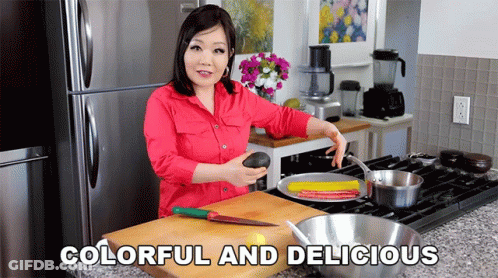 Woman In Red Shirt Cutting Avocado Colorful Delicious GIF