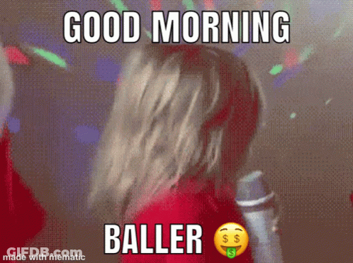 Woman In Red Shirt Dancing Saying Good Morning Baller GIF