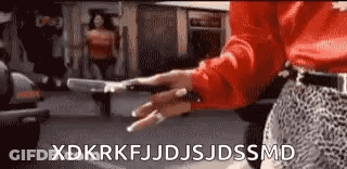 Woman In Red Shirt Holding Gun And Smoking GIF