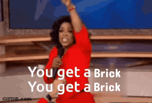 Woman In Red Shirt Holding Microphone Says You Get A Brick You Get A Brick GIF