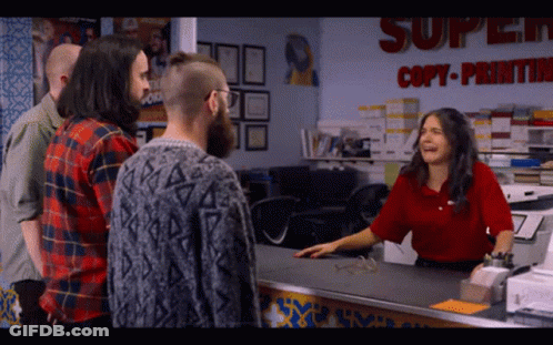 Woman In Red Shirt Laughing Super Copy-Printing Sign GIF