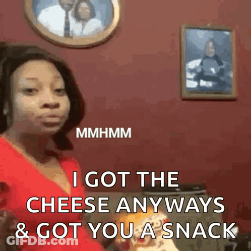 Woman In Red Shirt Saying Got Cheese And Snack GIF