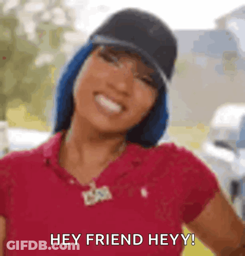 Woman In Red Shirt Smiling Saying Hey Friend GIF