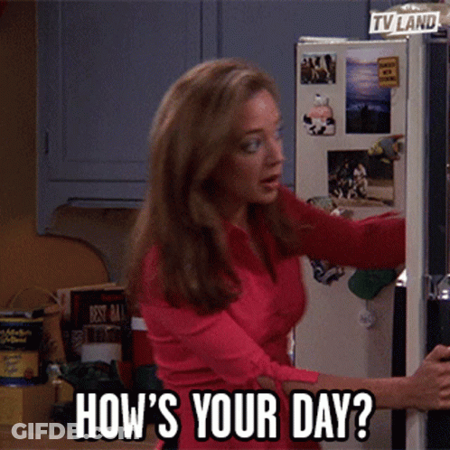 Woman In Red Shirt Standing In Front Of Refrigerator Saying How's Your Day GIF