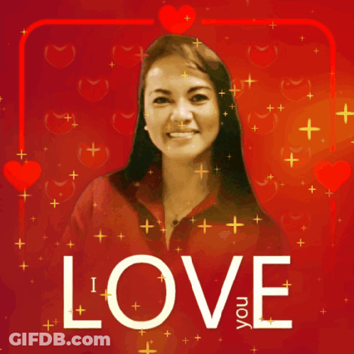 Woman In Red Shirt Surrounded By Red Hearts Saying Love GIF