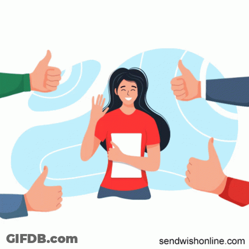 Woman In Red Shirt Surrounded By Thumbs Up GIF