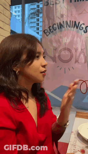 Woman In Red Shirt With Beginnings Now Sign GIF