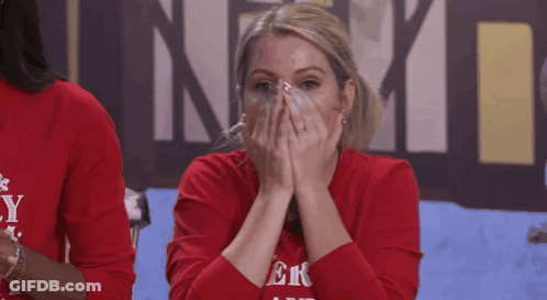 Woman In Red Shirt With Letter Y Covering Mouth GIF