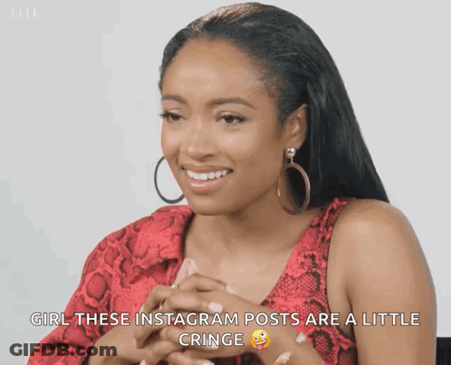 Woman In Red Snakeskin Dress Smiling Says Girl These Instagram Posts Are A Little Cringe GIF