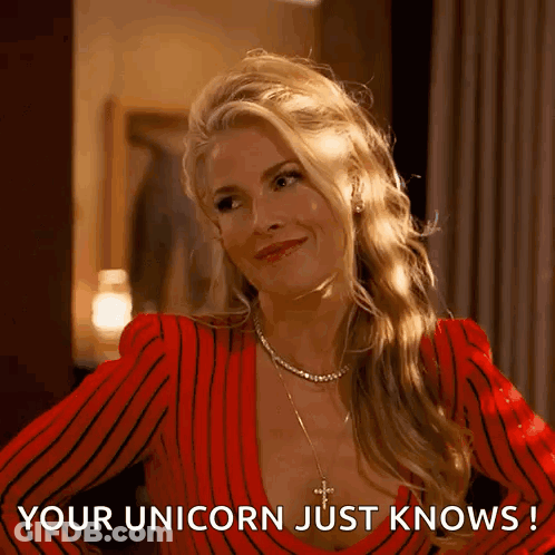 Woman In Red Striped Dress Says Your Unicorn Just Knows GIF