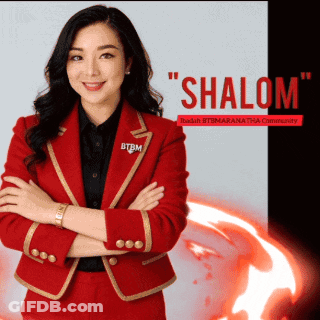 Woman In Red Suit Arms Crossed In Front Of Shalom Sign GIF