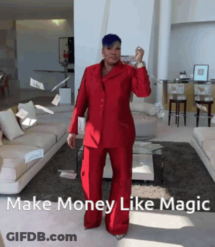 Woman In Red Suit Make Money Like Magic GIF