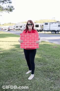 Woman In Red Sweater Holding Brick Wall GIF