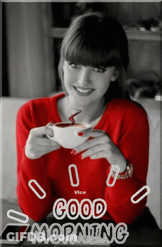 Woman In Red Sweater Holding Coffee Good Morning GIF