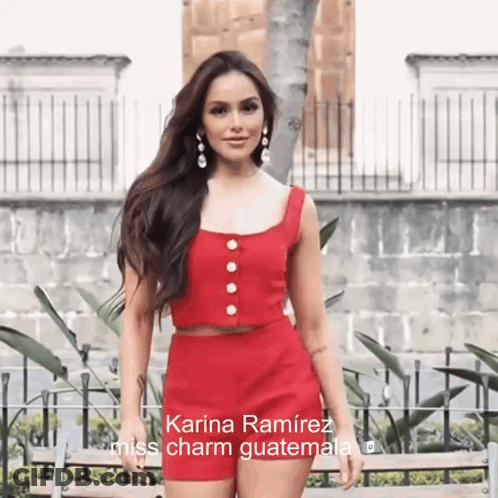 Woman In Red Top And Shorts Saying Karina Ramirez Miss Charm Guatemala GIF