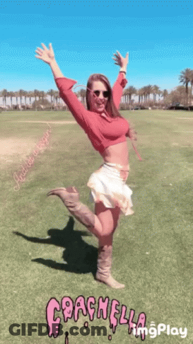 Woman In Red Top And White Skirt Arms Raised GIF